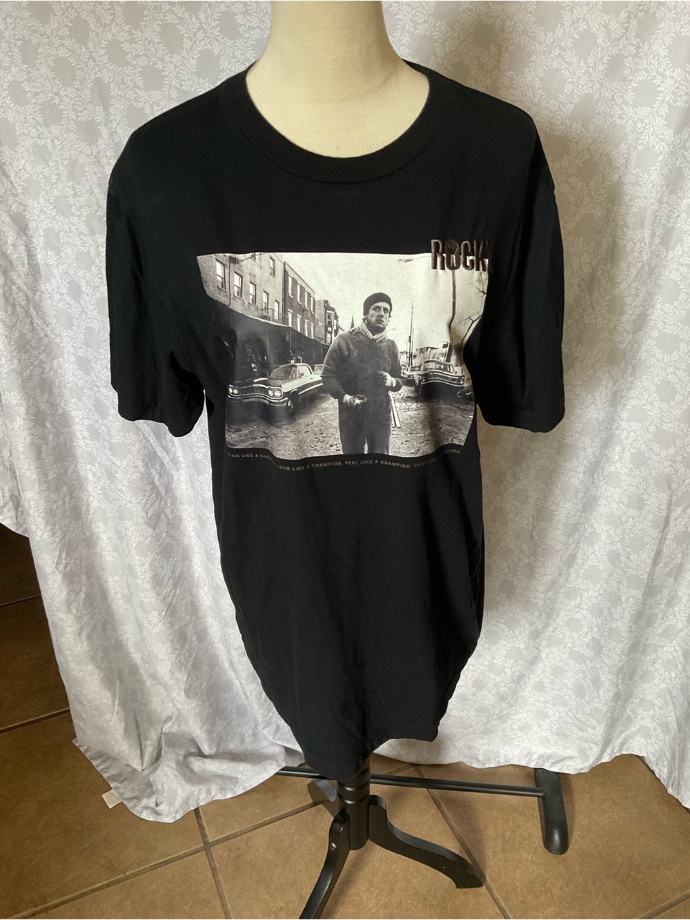 Rocky Black Graphic Short Sleeve Tee with Monochrome Street Print